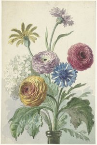 Blumenstrauß im Hals einer grünen Vase von Willem van Leen