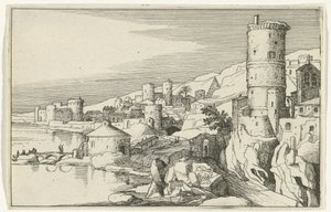 Stadt mit Türmen am Wasser