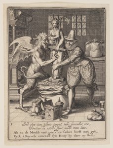 Ein Mann und der Teufel füllen einen Sack mit Geld und errichten eine Statue der Hoffnung, aus Allegorie des Missbrauchs weltlichen Eigentums von Willem van Swanenburgh