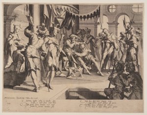 Richter Bias vergießt Tränen, Platte 9 aus Throne der Gerechtigkeit (Thronus Iustitiae) von Willem van Swanenburgh