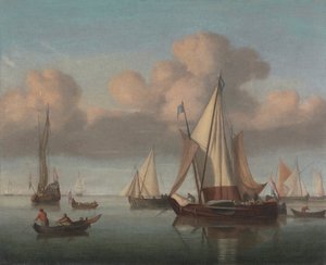 Eine Kaag vor Anker mit gehissten Segeln und eine Staatsyacht und andere Schiffe