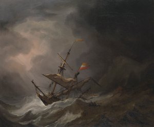 Eine Mittelmeer-Brigg treibt auf eine felsige Küste in einem Sturm, ca. 1700 von Willem van de Velde the Younger