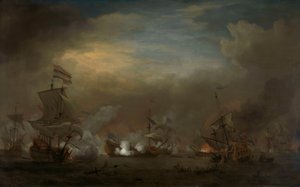 Nächtliche Seeschlacht zwischen Cornelis Tromp auf der Gouden Leeuw und Sir Edward Spragge auf der Royal Prince von Willem van de Velde the Younger