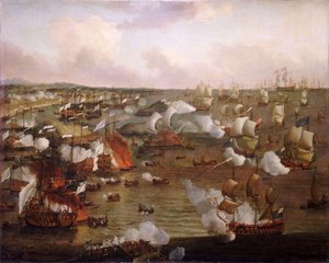 Das Verbrennen französischer Schiffe in der Schlacht von La Hogue, 23. Mai 1692, späte 17. Jahrhundert (Öl auf Leinwand)