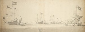 Niederländische Flaggschiffe vor Anker mit Booten daneben, ca. 1664 von Willem van de the Elder Velde