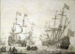 Zwei Handelsschiffe der Niederländischen Ostindien-Kompanie verlassen das Ufer bei ruhigem Wind von Willem van de the Elder Velde