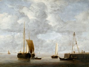 Eine niederländische Hoeker vor Anker in der Nähe eines Piers, ca. 1665
