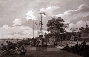 Ansicht des Pao-Yng-Sees, wo er durch einen Erddamm vom Großen Kanal getrennt ist, graviert von William und Elizabeth Ellis, veröffentlicht von G. Nicol