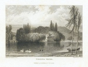 Virginia Water, See Surrey (England), in der Nähe von Windsor, Ansicht des chinesischen Pavillons, umgeben von Bäumen auf einer Insel in der Mitte des Sees. Gravur von J. Lewis nach William Daniell (1769-1837).