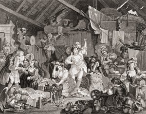 Umherziehende Schauspieler proben in einer Scheune, graviert von G. Presbury, aus The Works of Hogarth, veröffentlicht London 1833 (s/w Gravur) von William (after) Hogarth
