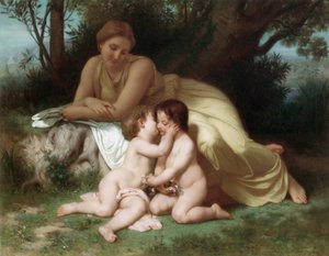 Junge Frau betrachtet zwei umarmende Kinder von William Adolphe Bouguereau