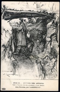 Erster Weltkrieg - Krieg 14-18 (1914-1918) - Erster Weltkrieg (WWI oder WW1): Frankreich, Patriotische Karte mit einer Zeichnung eines Soldaten in einem Schützengraben, der die Frontlinie beobachtet, betitelt: 