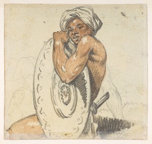 Junger Mann mit Schild, aus einem Album von 372 Zeichnungen von Landschaften, Küstenlinien, Kostümen und Alltagsleben während der Botschaft von Lord Macartney an den Kaiser von China, zwischen 1792 und 1794