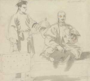 Zwei chinesische Figuren: Ein Hutverkäufer und ein Mann, der im Schneidersitz eine Pfeife raucht von William Alexander