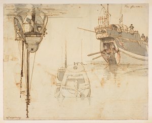 f.58 145v Boot. Fluss Lim-po. Nov 20., aus einem Album von 372 Zeichnungen von Landschaften, Küstenlinien, Kostümen und Alltagsleben, erstellt während Lord Macartneys Gesandtschaft an den Kaiser von China, zwischen 1792 und 1794 (Bleistift & Aquarell auf P