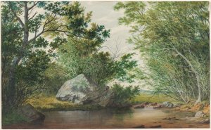 Landschaft mit bewaldetem Bach und Felsen, ca. 1880er