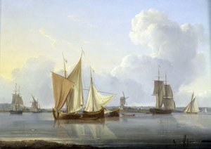 Ankunft in Limehouse, London (England), verschiedene Boote auf der Themse und eine Mühle am Ufer, und rechts das Greenwich Hospital. Öl auf Leinwand, ca. 1820, von William Anderson (1750-1778).