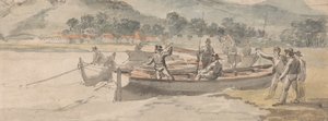 Boote und Männer am Ufer