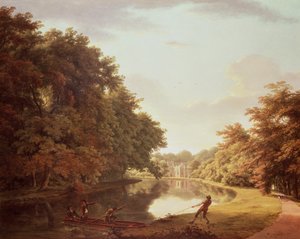 Punt auf dem Fluss Clodiagh im Charleville Forest, Offaly mit der Castellated Farm und Gothick Dairy im Hintergrund, ca. 1810 von William Ashford