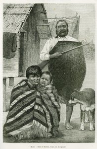 Drei Generationen von Maori. Gravur von Barbotin, zur Illustration der Geschichte Voyage a la Nouvelle Zelande, 1889, von G.Verschuur, in le tour du monde 1890, herausgegeben von Edouard Charton (1807-1890), Hachette, Paris.