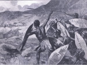Kämpfe in den Matoppo-Hügeln: Angriff der Matabele, Illustration aus Cassells Geschichte Englands, 1900er Jahre von William Barnes Wollen