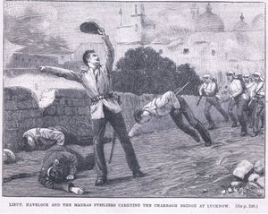 Leutnant Havelock und die Madras-Füsiliere erobern die Charbagh-Brücke in Lucknow 1857 n. Chr. von William Barnes Wollen