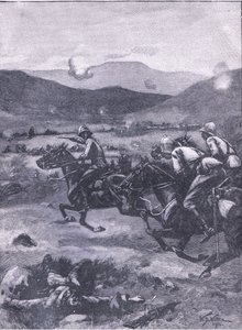 Die Schlacht von Colenso: Leutnant Roberts galoppiert, um das Desaster mit den Kanonen zu beheben, Illustration aus Cassells Geschichte Englands, 1900er Jahre von William Barnes Wollen