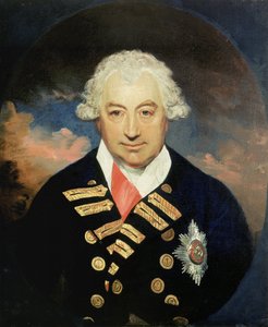 Porträt von Konteradmiral Sir John Jervis (1735-1823), erster Earl of Saint Vincent, mit dem Band des Bath-Ordens, Kommandant der britischen Mittelmeerflotte 1795 und 1797, zusammen mit Horatio Nelson (1758-1805), er setzt die spanische Flotte ab