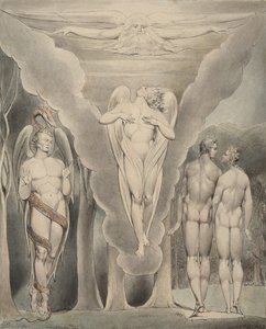 Illustration 4 zu Miltons "Das verlorene Paradies": Satan spioniert Adam und Eva aus und Raphaels Abstieg ins Paradies