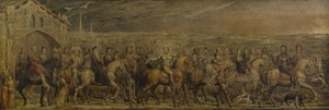 Sir Jeffrey Chaucer (ca. 1342-1400) und die neunundzwanzig Pilger auf ihrer Reise nach Canterbury von William Blake