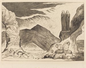 Der Kreis der Fälscher; Dante und Virgil halten sich wegen des Gestanks die Nasen zu
