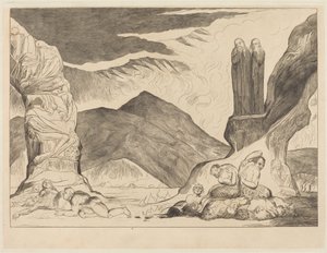 Der Kreis der Fälscher: Dante und Virgil halten sich die Nasen zu wegen des Gestanks von William Blake