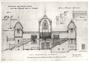 Details der Eingänge, Treppen, Ofenkammer-Tür und Handläufe, (New Big School), Rugby School, 1844