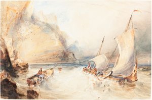 Französische Fischerboote vor einer felsigen Küste