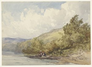 Hügellandschaft mit einem See und einem Boot mit zwei Figuren