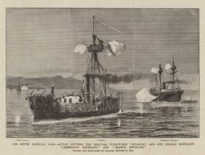 Der Südamerikanische Krieg, Aktion zwischen dem peruanischen Turmschiff Huascar und den chilenischen Panzerschiffen Almirante Cochrane und Blanco Encalada von William Edward Atkins
