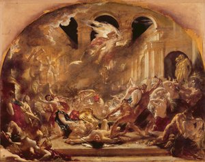 Der zerstörende Engel und Dämonen des Bösen unterbrechen die Orgien der Lasterhaften und Maßlosen