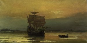 Die Mayflower bei ihrer Ankunft im Hafen von Plymouth, 1882