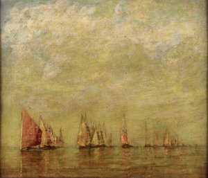 Venezianische Boote, die sich im ruhigen Meer spiegeln. Öl auf Holz von William Gedney Bunce