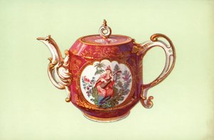 Teekanne, Chelsea, weinrot, mit Figuren nach Watteau