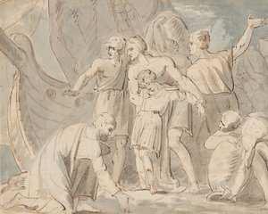 Historisches Thema mit Männern und einem Jungen in der Nähe eines Schiffes, recto, 1770-80
