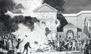 Die Verwüstungen durch die Aufständischen in London, die das neue Gefängnis von Newgate in Brand setzten und die Möbel von Mr. Akerman verbrannten, 6. Juni 1780, graviert von T. Thornton