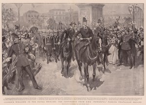 Londons Willkommen an die Marinebrigade, die Abordnung von HMS Powerful passiert den Trafalgar Square