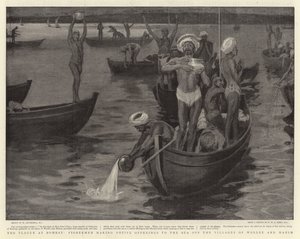 Die Pest in Bombay, Fischer machen Votivgaben an das Meer vor den Dörfern Worlee und Mahim von William Hatherell