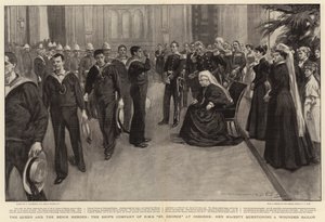 Die Königin und die Benin-Helden, die Schiffsbesatzung der H.M.S. St. George in Osborne, Ihre Majestät befragt einen verwundeten Matrosen