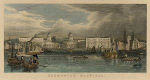 Königlicher Besuch im Greenwich Hospital (England), mit einem Segelschiff, einem Dampfschiff, Passagierbarken, Ruderbooten auf der Themse von William Havell