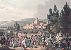 Schlacht von Vittoria, 1813, Gefangene werden gebracht, geätzt von I. Clarke, aquatintiert von M. DuBourg von William Heath