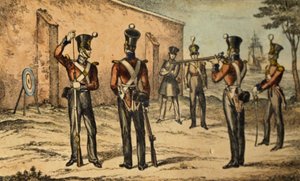 Gegenwärtige Uniform der Marines beim Zielscheibenschießen, ca. 1835 (handkolorierte Radierung)