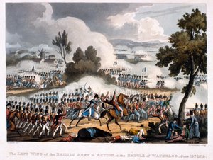 Der linke Flügel der britischen Armee in Aktion bei der Schlacht von Waterloo, graviert von Thomas Sutherland, 1815