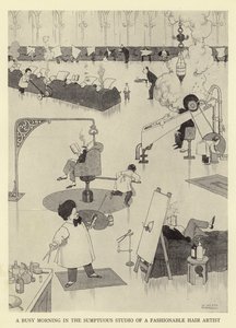 Ein geschäftiger Morgen im prächtigen Studio eines modischen Haarstylisten von William Heath Robinson
